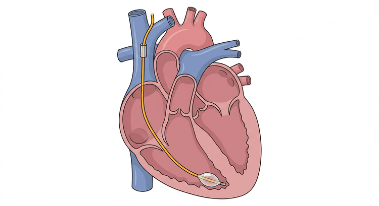 A four-chamber section through the heart with a temporary pacing lead passing from the jugular vein through the superior vena cava, into the right atrium, through the tricuspid valve and down to the apex of the right ventricle