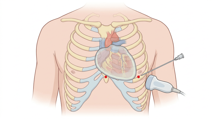 The chest from the front with the heart and a distended pericardium, with two puncture sites marked: one subxiphoid and one apical where the ultrasound probe and needle rest against the chest wall