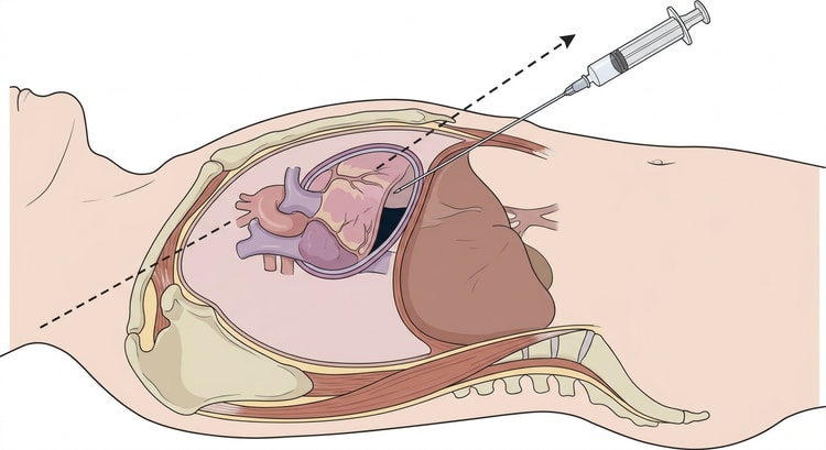 Sagittal section through the thorax and upper abdomen with the puncture needle inserted below the xiphoid process and directed obliquely backwards and upwards towards the left scapula, with the tip in the pericardial fluid