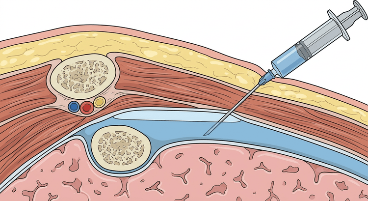 A magnified cross-section through the chest wall with two ribs, the neurovascular bundle in the groove beneath the upper rib, and a needle inserted close to the upper border of the lower rib down into the pleural fluid