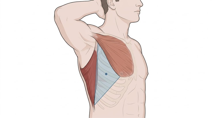 A lateral view of a patient's chest with the arm behind the head, showing a triangular area on the lateral chest wall marked between the pectoral muscle in front and the latissimus muscle behind