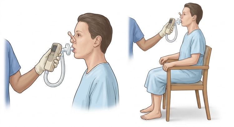 A patient sitting upright on a chair with a nose clip and the lips sealed around the spirometer mouthpiece, with a close-up of the mouthpiece