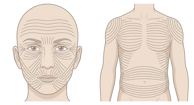 The skin tension lines drawn as thin curved lines on the face from the front and on the trunk from the front