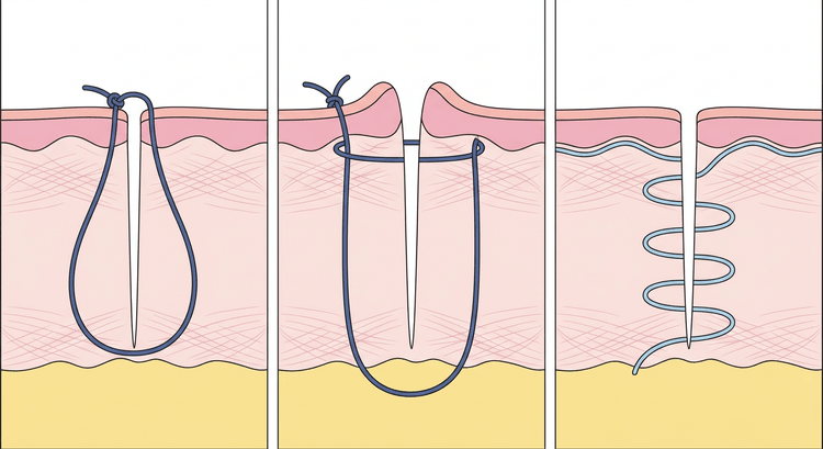 Three cross-sections through the skin showing a simple interrupted suture, a vertical mattress suture and a continuous subcuticular suture