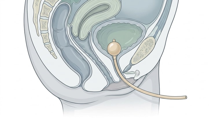Sagittal section through the female pelvis with the short urethra and the catheter passing into the bladder