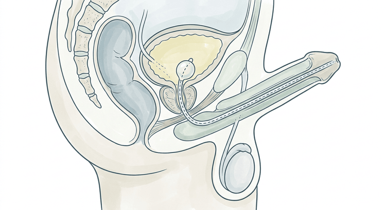 Sagittal section through the male pelvis with the path of the catheter through the penile urethra, the bulbar urethra and the prostate into the bladder