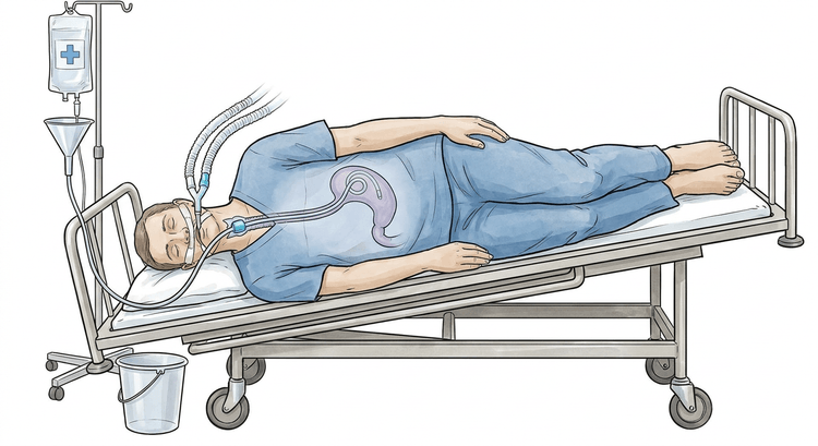 An intubated patient in the left lateral position with the head end lowered and a wide-bore orogastric lavage tube passing down into the stomach