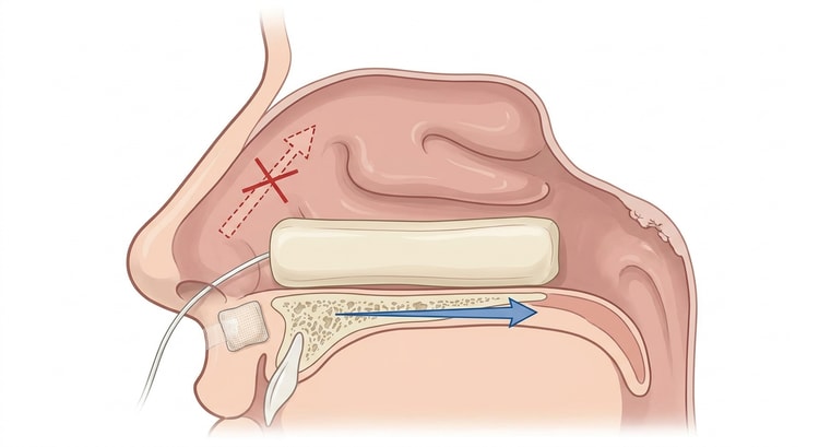 Sagittal section through the nose with a nasal tampon lying horizontally along the floor of the nose from the nostril backwards, the drawstring taped to the cheek, and a crossed-out dashed arrow showing the wrong direction obliquely upwards