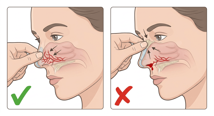 Two panels: on the left the soft lower third of the nose is pinched with arrows towards the vascular network on the anterior septum, on the right the hard nasal bone is pinched high up while the blood continues to run