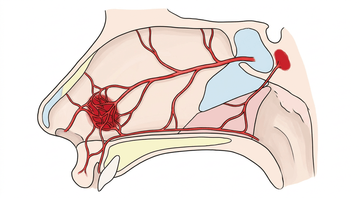 The nasal septum seen from the side with five arteries meeting in a dense vascular network in the anterior inferior part just inside the nostril, and a second vascular area far back at the choana