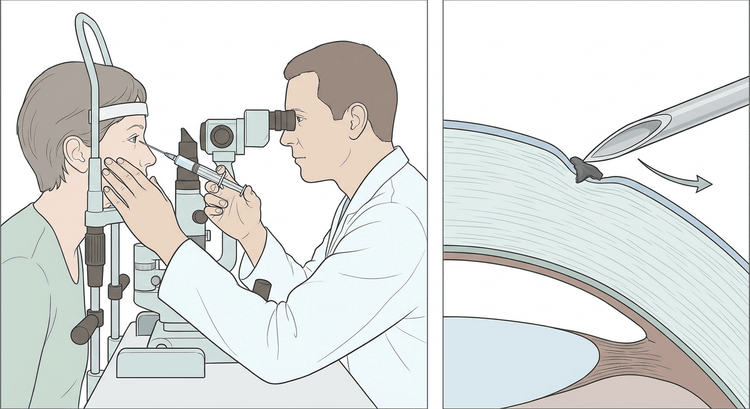 Two panels: a patient at the slit lamp with the examiner advancing a needle towards the eye with the hand supported against the cheek, and a close-up section through the cornea in which the needle tip lifts an embedded particle tangentially
