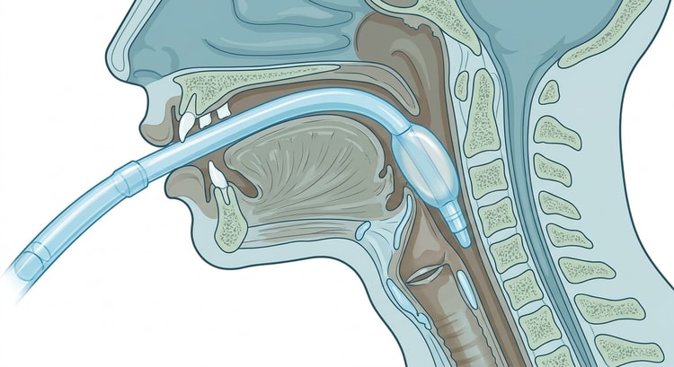 Sagittal section through the head and neck with a laryngeal mask in place, the cuff lying in the hypopharynx and the aperture of the mask directed towards the laryngeal inlet