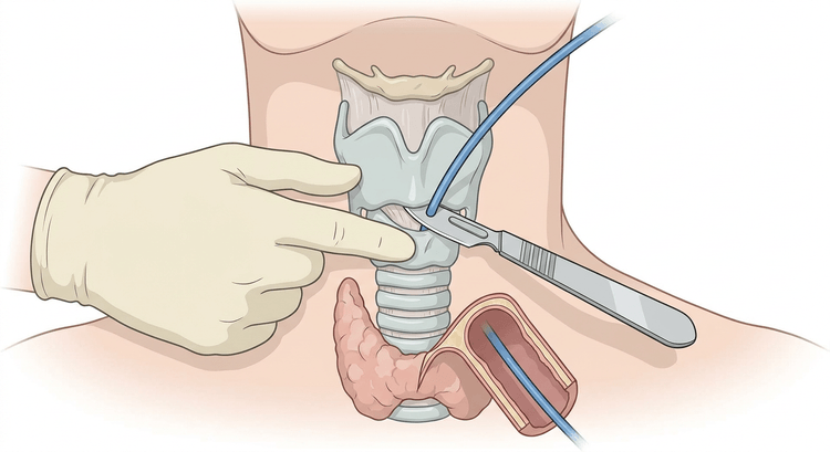 The front of the neck with the larynx held by one hand, a scalpel inserted through the cricothyroid membrane and a bougie passing down into the trachea