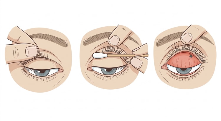Three panels showing eversion of the upper eyelid: the lashes are grasped, a cotton bud is placed against the upper border of the tarsal plate, and the lid is turned inside out so that its inner surface becomes visible