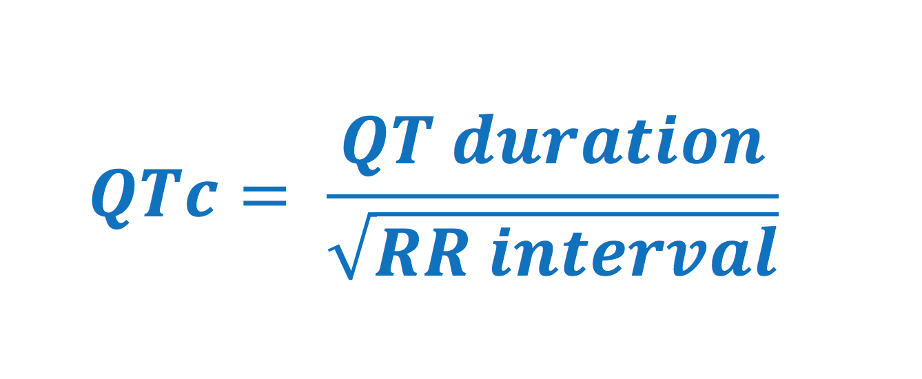 Bazett's formula for calculating corrected QT duration (QTc).