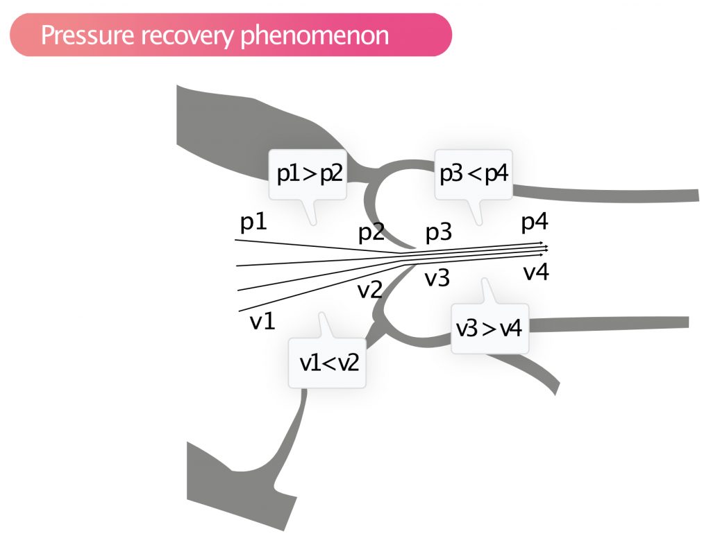 Figure 6. Pressure recovery phenomenon. The pressure falls between p1 and p2, but then increases between p3 and p4. The pressure measured in the aorta with continuous wave Doppler is p3, which is thus lower than p4. So the pressure in the aorta is higher than the measurement with Doppler suggests.